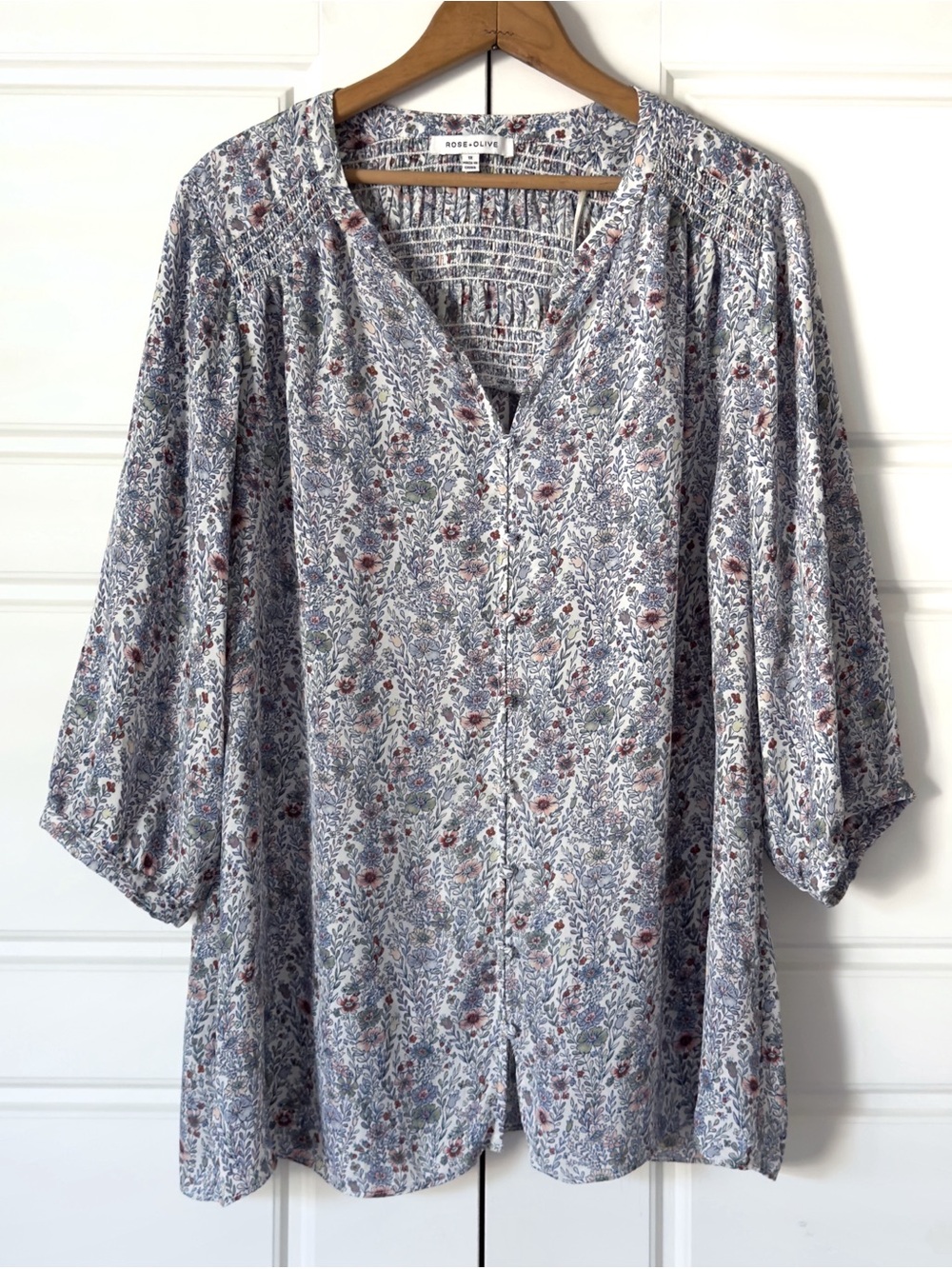 Rose Olive Floral Tunic Top Womens 1X Cream Cottagecore Popover Chiffon Flowy